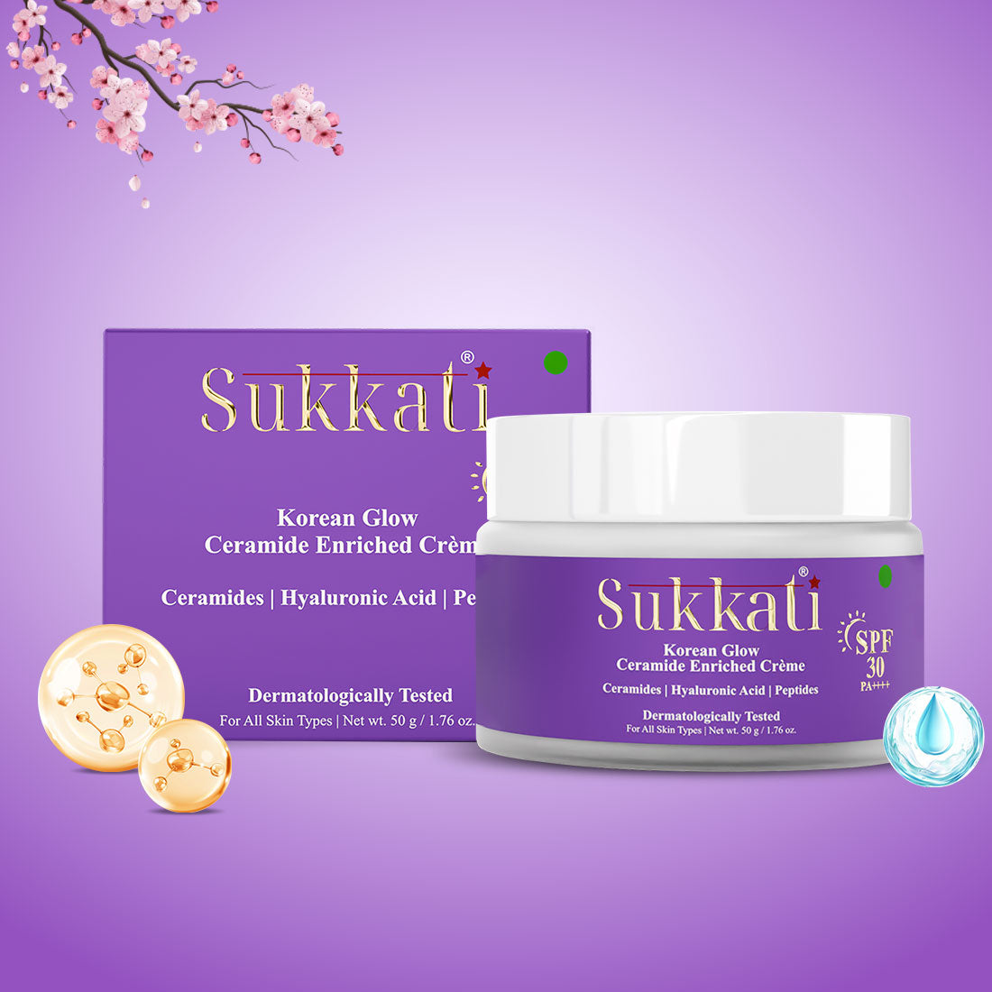 Sukkati Korean Glow Ceramide Enriched Creme with Hyaluronic Acid and Peptides | SPF 30 PA++++ for Skin Brightening 50g