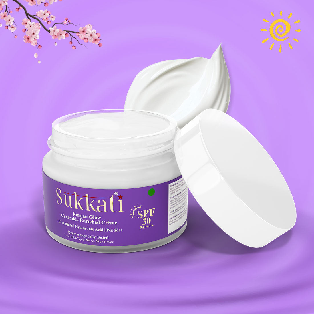 Sukkati Korean Glow Ceramide Enriched Creme with Hyaluronic Acid and Peptides | SPF 30 PA++++ for Skin Brightening 50g