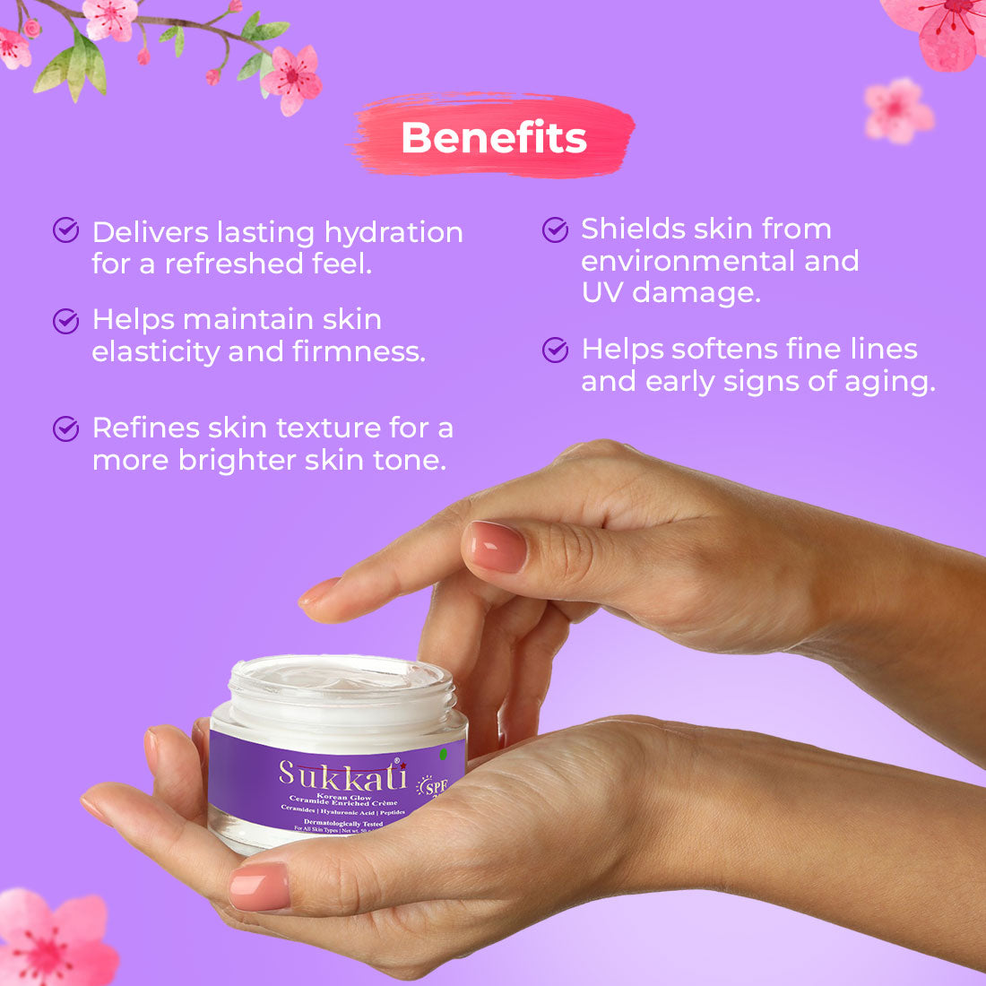 Sukkati Korean Glow Ceramide Enriched Creme with Hyaluronic Acid and Peptides | SPF 30 PA++++ for Skin Brightening 50g
