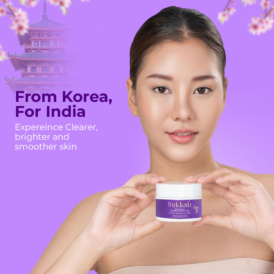 Sukkati Korean Glow Ceramide Enriched Creme with Hyaluronic Acid and Peptides | SPF 30 PA++++ for Skin Brightening 50g