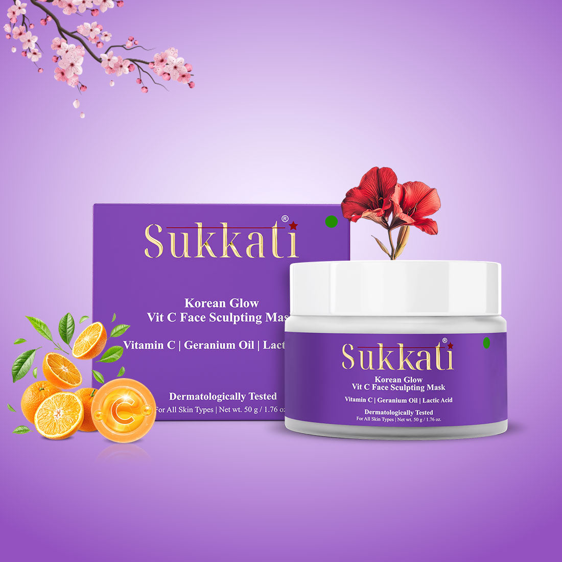 Sukkati Korean Glow Vit C Face Sculpting Mask Enriched with Vitamin C, Geranium Oil and Lactic Acid | Rice Water with Lactic Acid, 50g