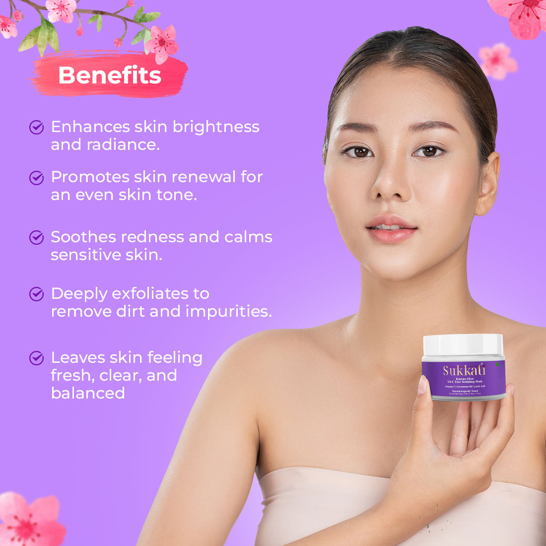 Sukkati Korean Glow Vit C Face Sculpting Mask Enriched with Vitamin C, Geranium Oil and Lactic Acid | Rice Water with Lactic Acid, 50g