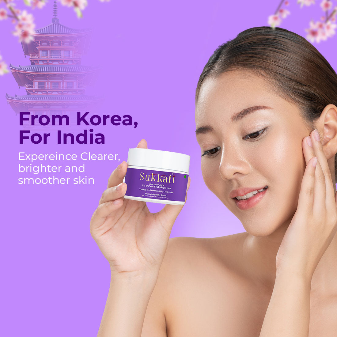 Sukkati Korean Glow Vit C Face Sculpting Mask Enriched with Vitamin C, Geranium Oil and Lactic Acid | Rice Water with Lactic Acid, 50g