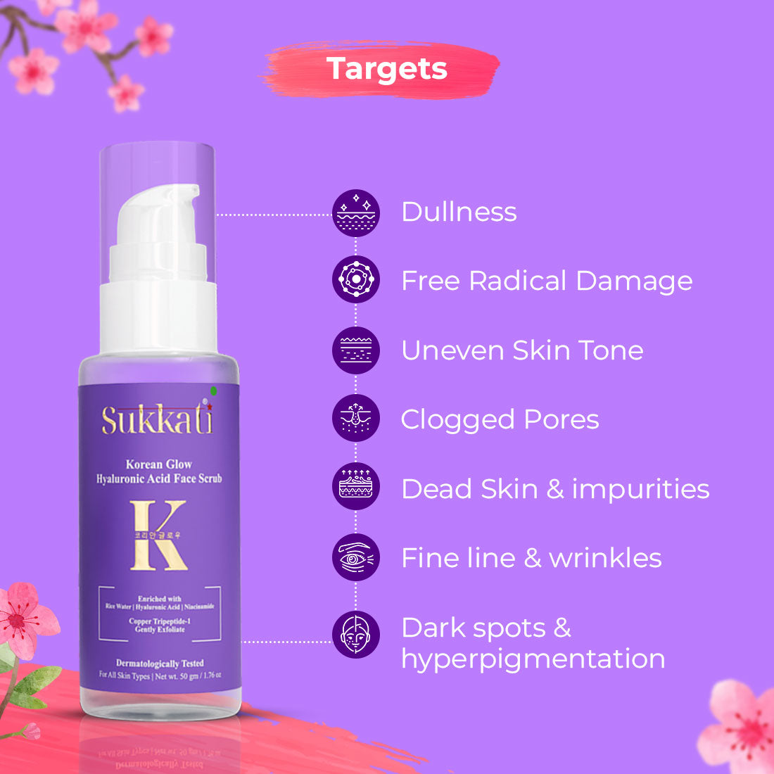 Sukkati Korean Glow Hyaluronic Acid Face Scrub Enriched with Rice Water, Hyaluronic Acid and Niacinamide | COPPER TRIPEPTIDE -1 Gentle Exfoliator, 50g