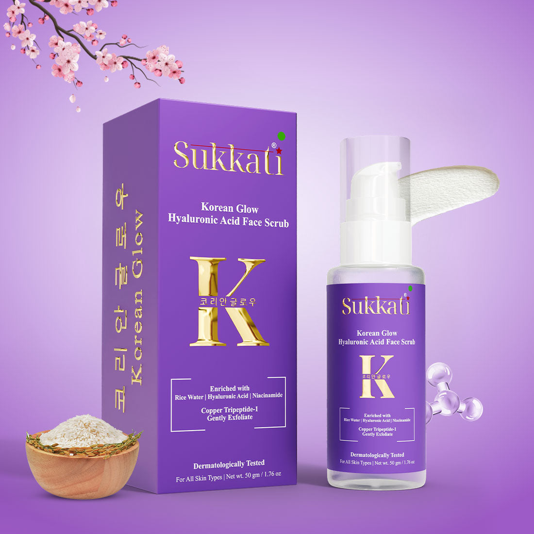 Sukkati Korean Glow Hyaluronic Acid Face Scrub Enriched with Rice Water, Hyaluronic Acid and Niacinamide | COPPER TRIPEPTIDE -1 Gentle Exfoliator, 50g