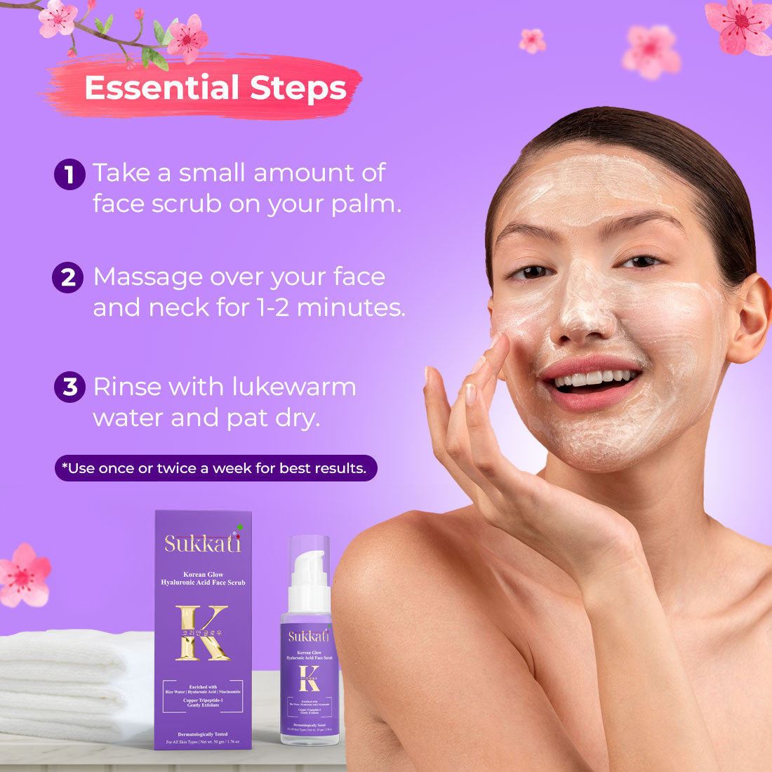 Sukkati Korean Glow Hyaluronic Acid Face Scrub Enriched with Rice Water, Hyaluronic Acid and Niacinamide | COPPER TRIPEPTIDE -1 Gentle Exfoliator, 50g