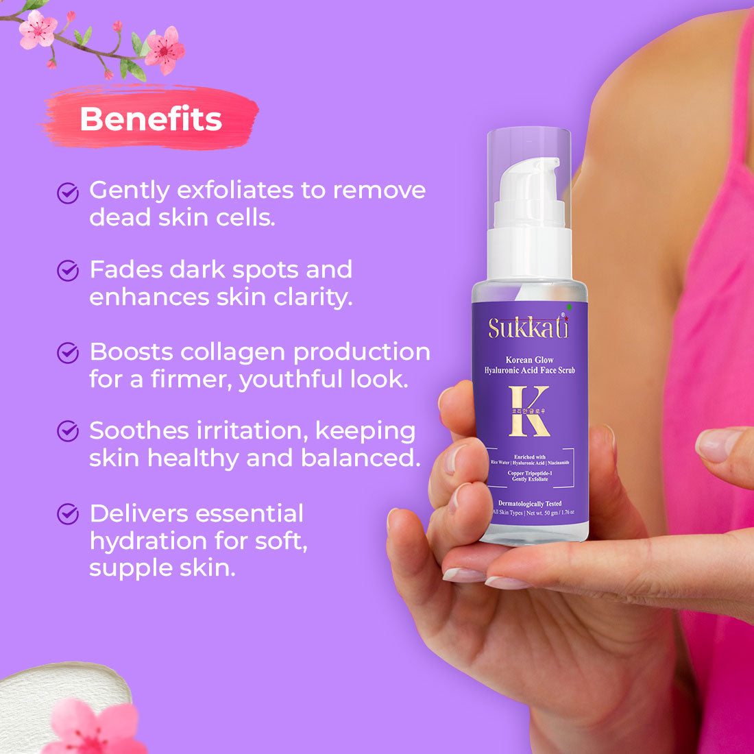 Sukkati Korean Glow Hyaluronic Acid Face Scrub Enriched with Rice Water, Hyaluronic Acid and Niacinamide | COPPER TRIPEPTIDE -1 Gentle Exfoliator, 50g