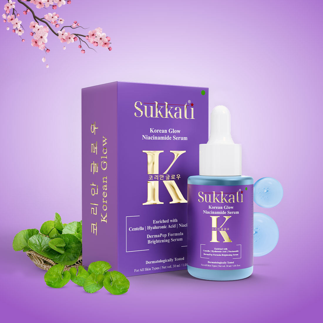 Sukkati Korean Glow Niacinamide Serum Enriched with Centella, Hyaluronic Acid, COPPER TRIPEPTIDE-1 and Niacinamide | Fights Pigmentation | Fades Dark Spots | Brightens & Evens Skin Tone | 30 ml