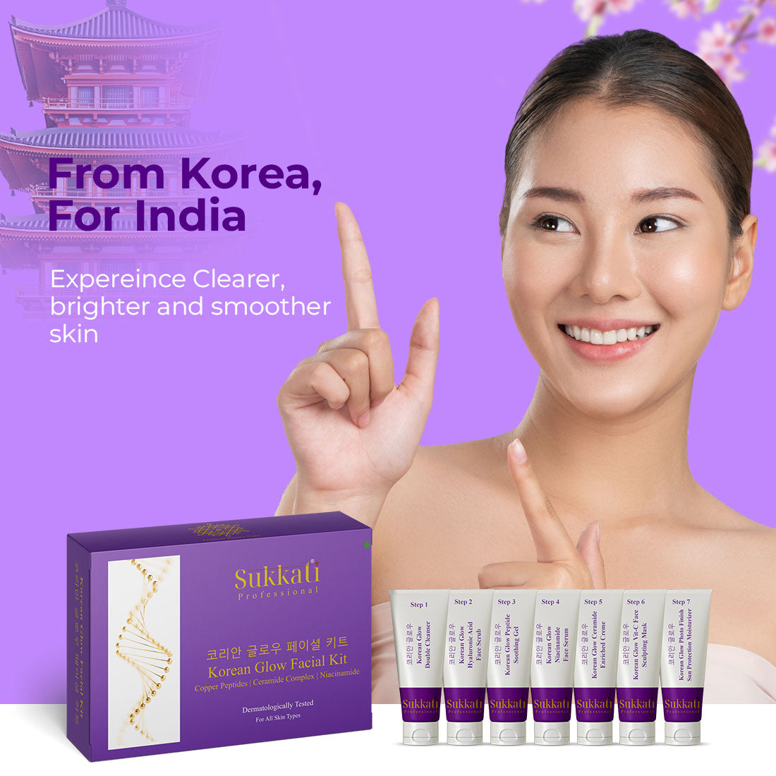 Sukkati Korean Glow FACIAL KIT with Copper Peptides, Ceramide Complex and Niacinamide for Glass Skin | Salon-Like Glowing Skin in 7 Easy Steps | Instant Glow, Tanning Removal & Brightening Kit | Pack Of 4