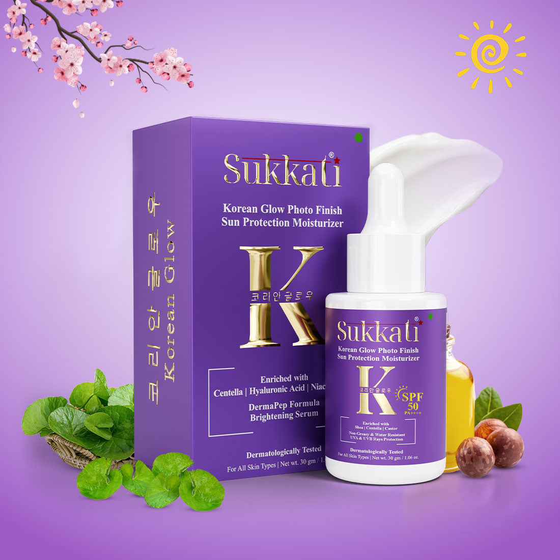 Sukkati Korean Glow Photo Finish Sun Protection Moisturizer, SPF 50 PA++++ SUNSCREEN Enriched with Centella, Hyaluronic Acid and Niacinamide , 50gLl