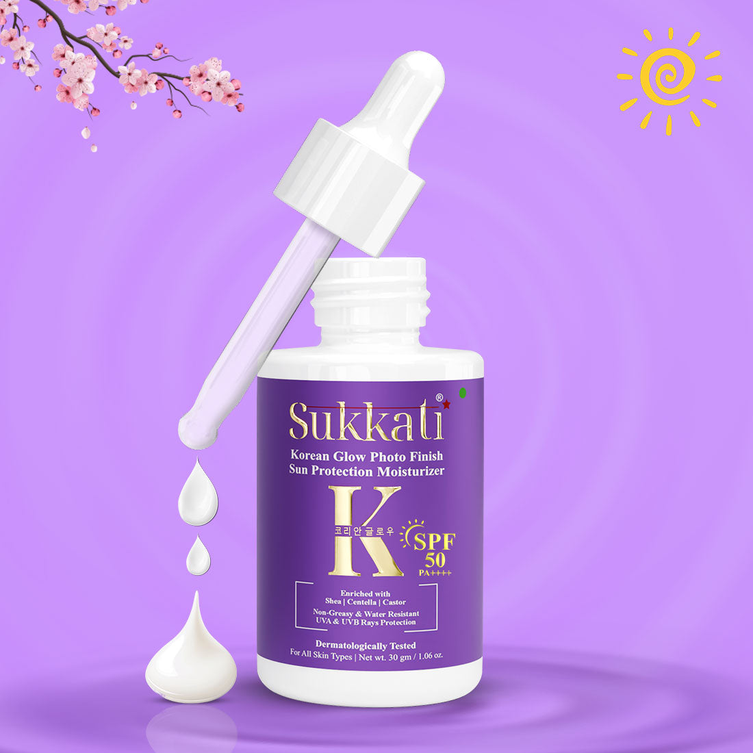 Sukkati Korean Glow Photo Finish Sun Protection Moisturizer, SPF 50 PA++++ SUNSCREEN Enriched with Centella, Hyaluronic Acid and Niacinamide , 50gLl