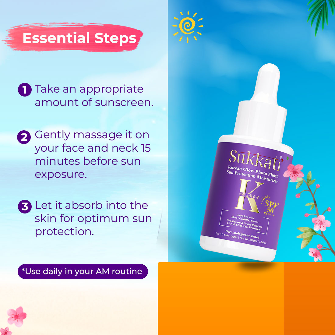 Sukkati Korean Glow Photo Finish Sun Protection Moisturizer, SPF 50 PA++++ SUNSCREEN Enriched with Centella, Hyaluronic Acid and Niacinamide , 50gLl