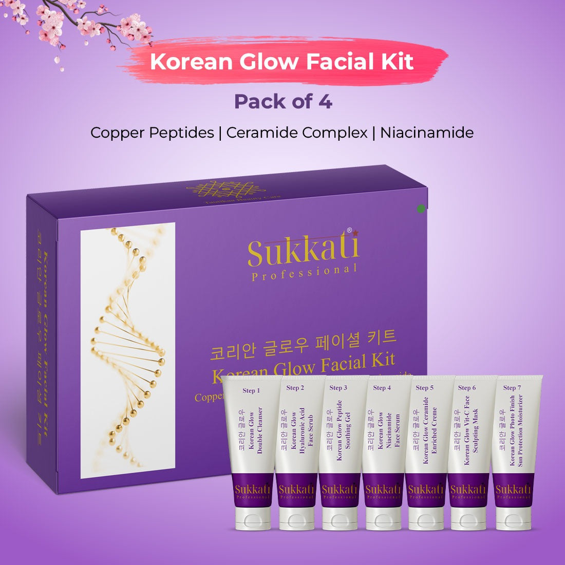 Sukkati Korean Glow FACIAL KIT with Copper Peptides, Ceramide Complex and Niacinamide for Glass Skin | Salon-Like Glowing Skin in 7 Easy Steps | Instant Glow, Tanning Removal & Brightening Kit | Pack Of 4