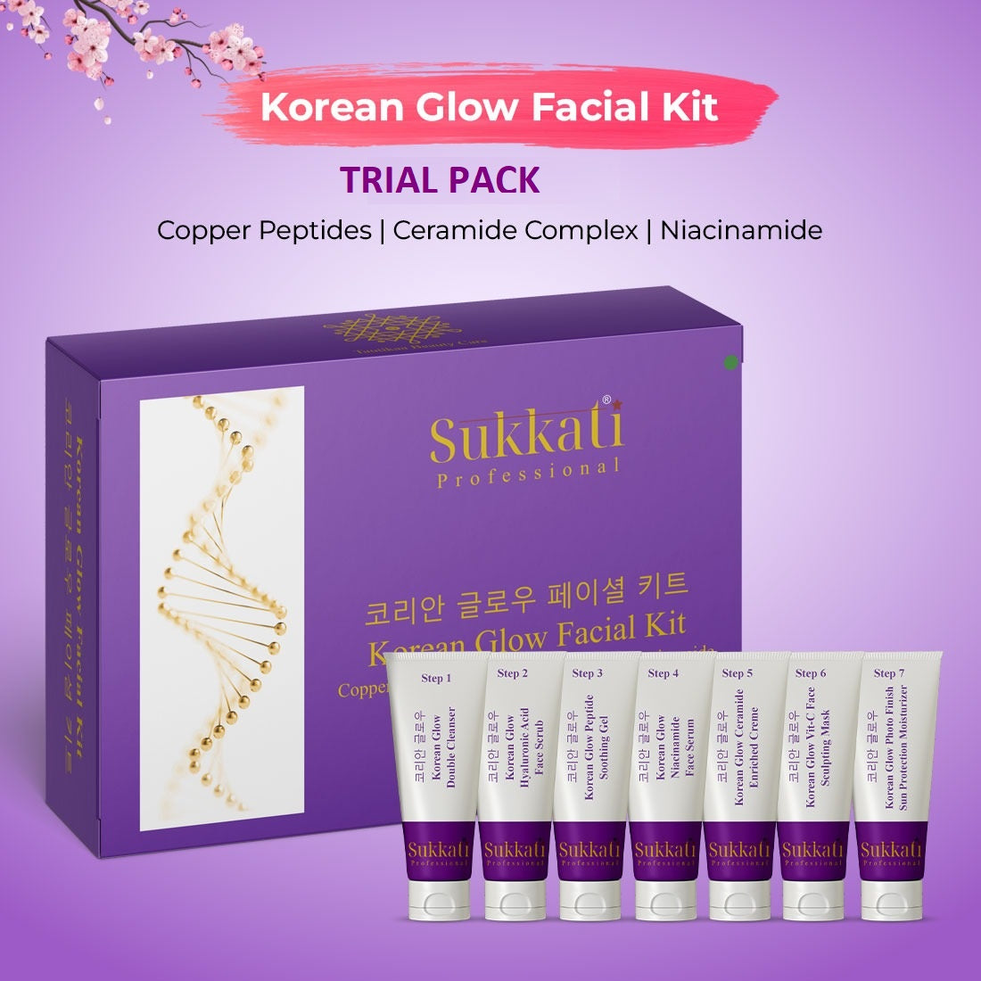Sukkati Korean Glow FACIAL KIT with Copper Peptides, Ceramide Complex and Niacinamide for Glass Skin | Salon-Like Glowing Skin in 7 Easy Steps | Instant Glow, Tanning Removal & Brightening Kit  - TRIAL KIT